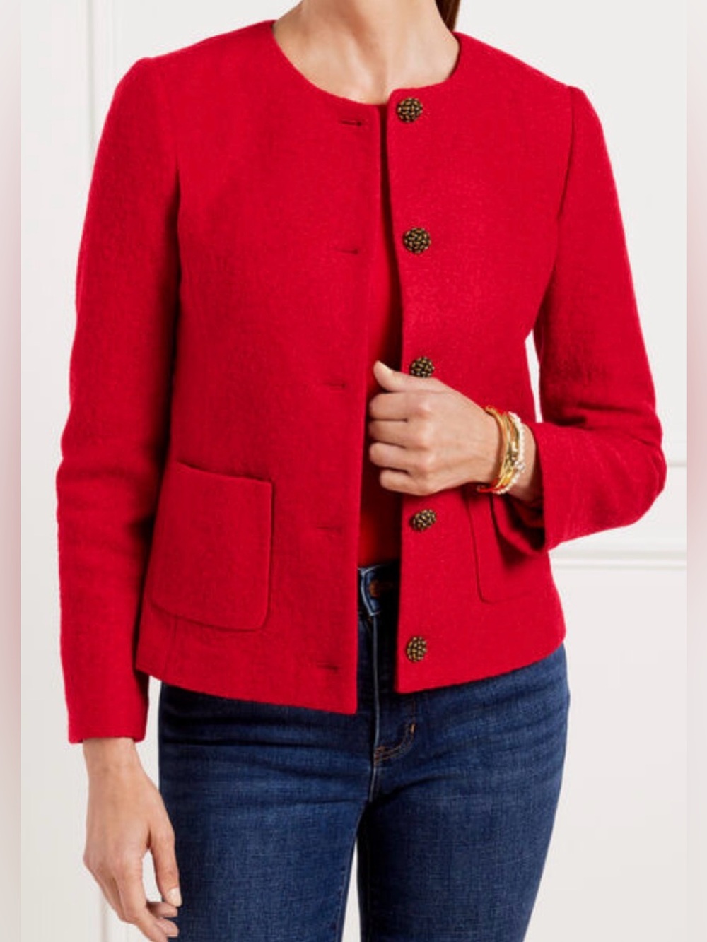 Talbots -BERKSHIRE WOOL BLEND CROP JACKET - RED POP Red Wool Blend Collarless Bu